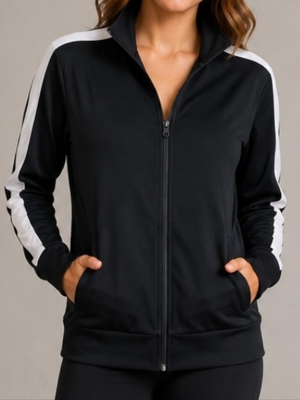 NWT Ideology Black Track Jacket Full Zip High Collar Pockets XS, Rayon, Spandex